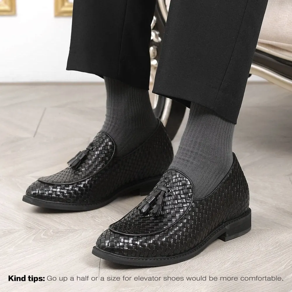 8 CM / 3.15 Inches CMR CHAMARIPA Black Woven Leather Loafers for Men