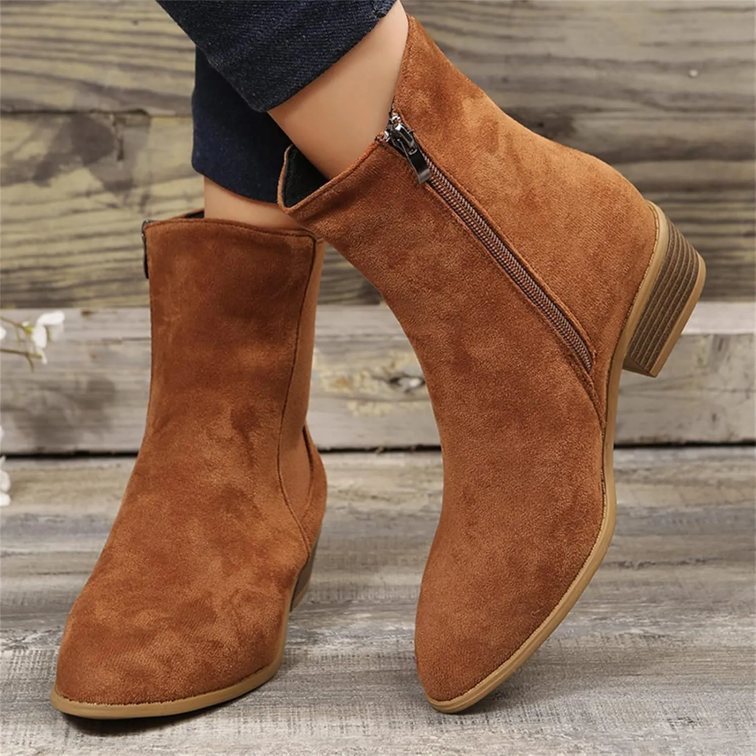 Boots for Women Ankle Heeled Booties for Women Womens Suede Ankle Boots Work Boot Shoe Laces Men Closed Head Cute Cozy Pointed Toe Stacked Mid Heel