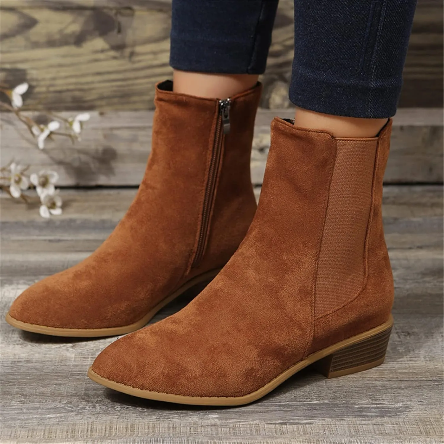 Boots for Women Ankle Heeled Booties for Women Womens Suede Ankle Boots Work Boot Shoe Laces Men Closed Head Cute Cozy Pointed Toe Stacked Mid Heel