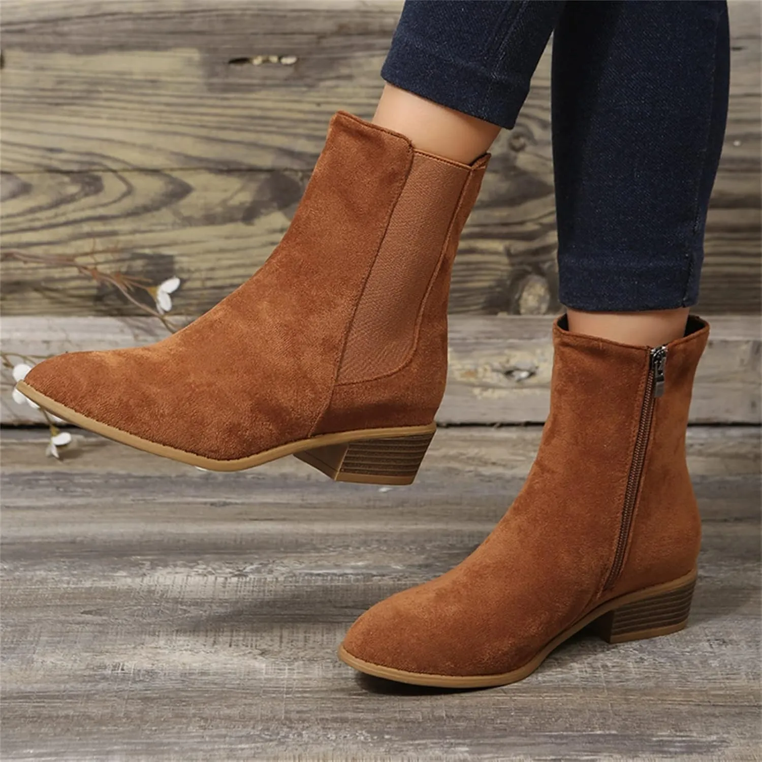 Boots for Women Ankle Heeled Booties for Women Womens Suede Ankle Boots Work Boot Shoe Laces Men Closed Head Cute Cozy Pointed Toe Stacked Mid Heel