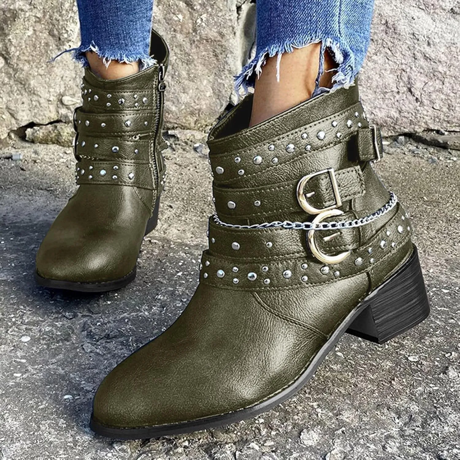 Boots for Women Ankle Women's Western Booties Flat Cowboy Boots for Women Work Boot Shoe Laces Men Cute Cozy Non Slip Closed Pointed Toe Low Block Heel Zip Up