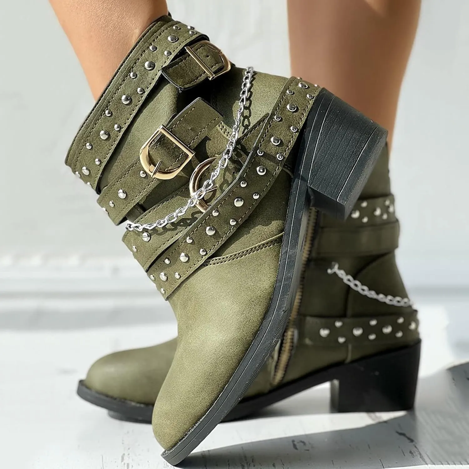 Boots for Women Ankle Women's Western Booties Flat Cowboy Boots for Women Work Boot Shoe Laces Men Cute Cozy Non Slip Closed Pointed Toe Low Block Heel Zip Up