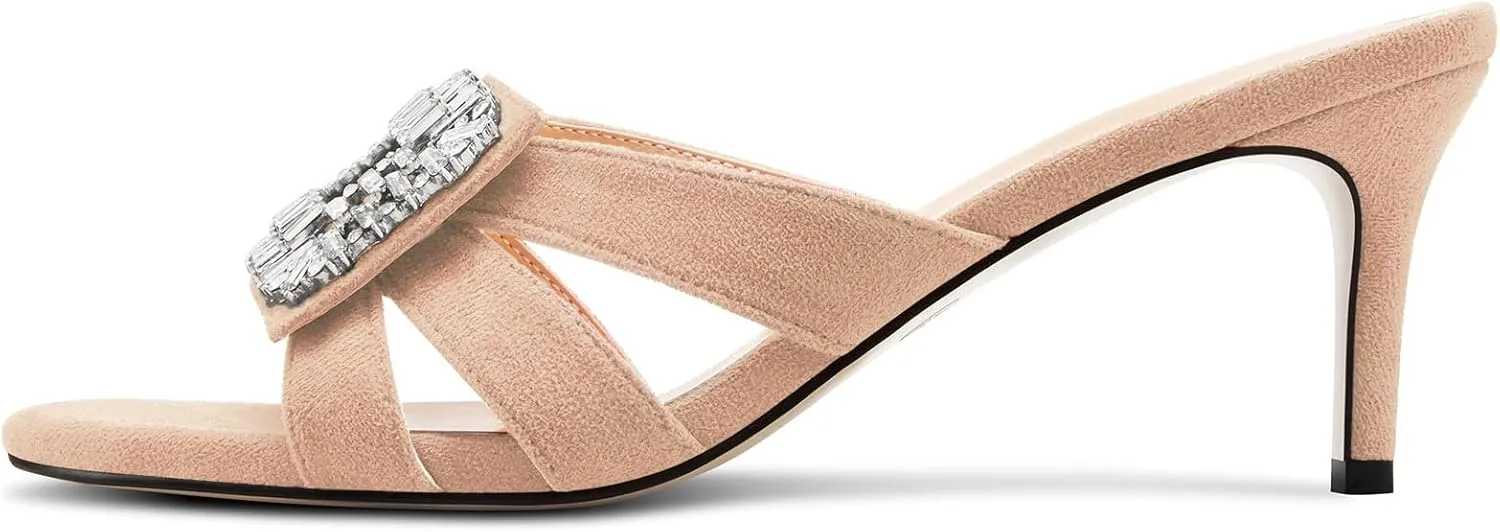 Castamere Womens Mid Heel Open Toe Slip-on Mules Shoes Sandals Rhinestone Crystal Gladiator Wedding Prom Casual 2.6 Inches Heels
