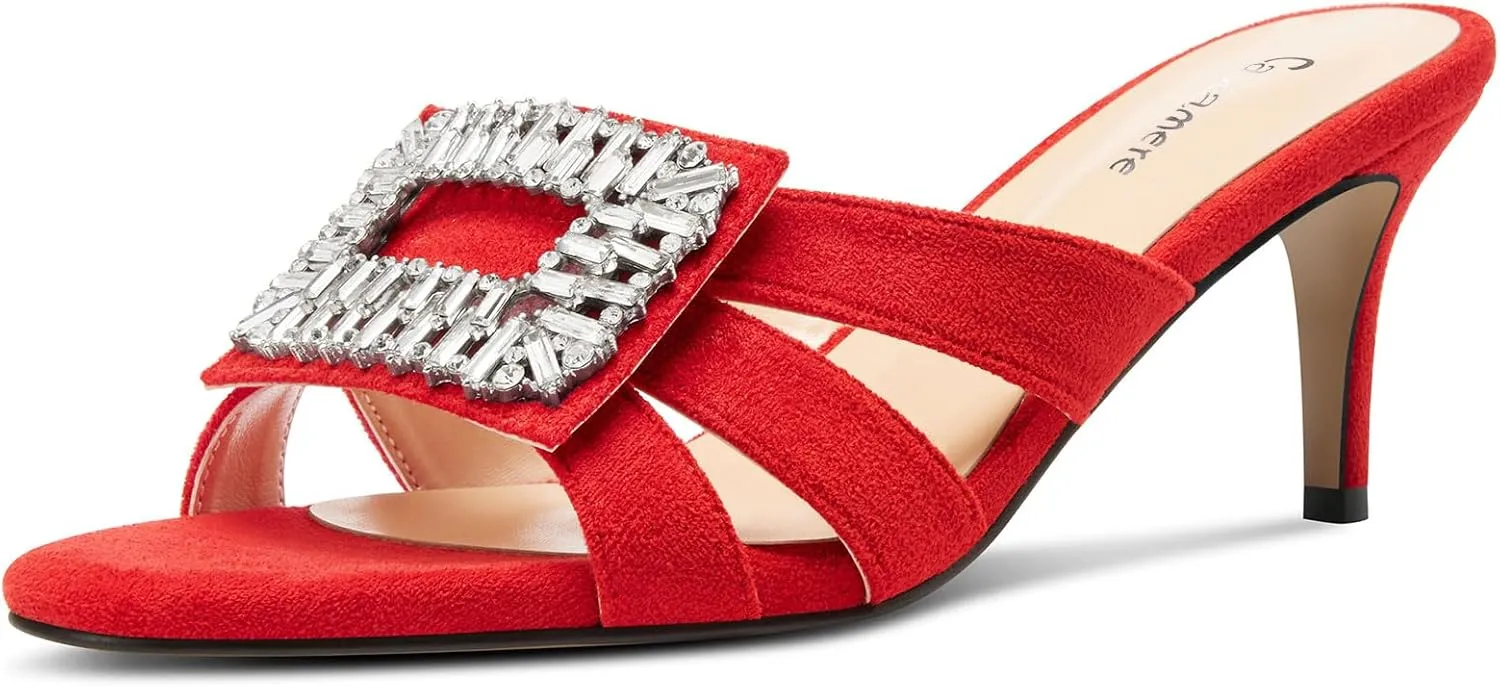 Castamere Womens Mid Heel Open Toe Slip-on Mules Shoes Sandals Rhinestone Crystal Gladiator Wedding Prom Casual 2.6 Inches Heels