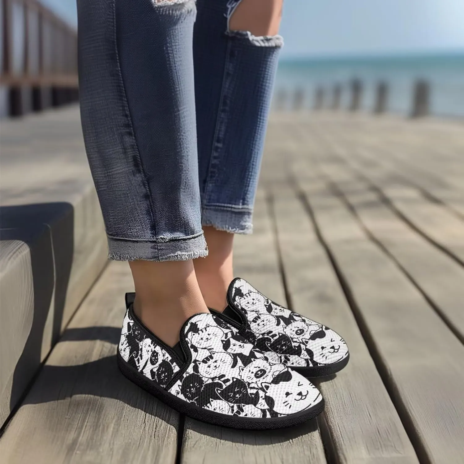 Cat Print Flat Shoes for Women Mesh Slip On Low Top Sneakers Fashion Breathable Casual Loafers for Work