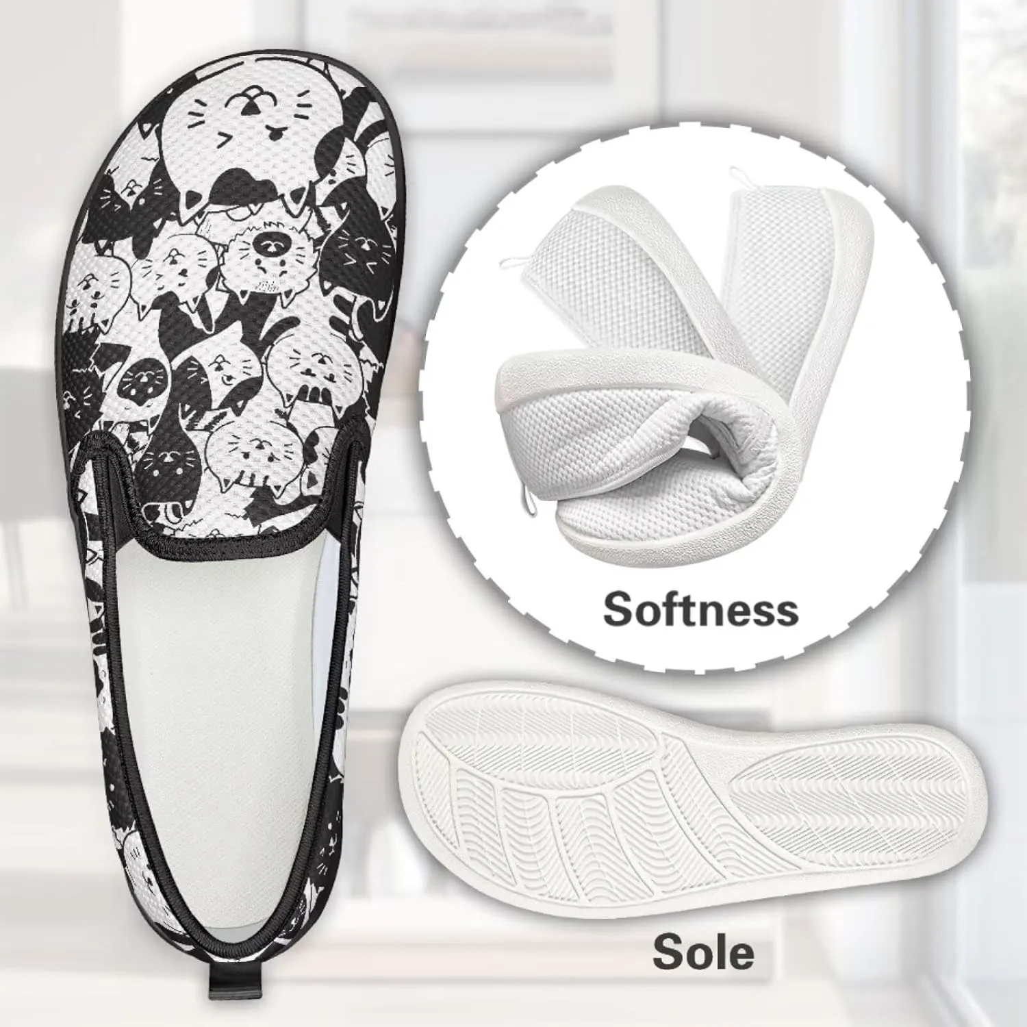 Cat Print Flat Shoes for Women Mesh Slip On Low Top Sneakers Fashion Breathable Casual Loafers for Work