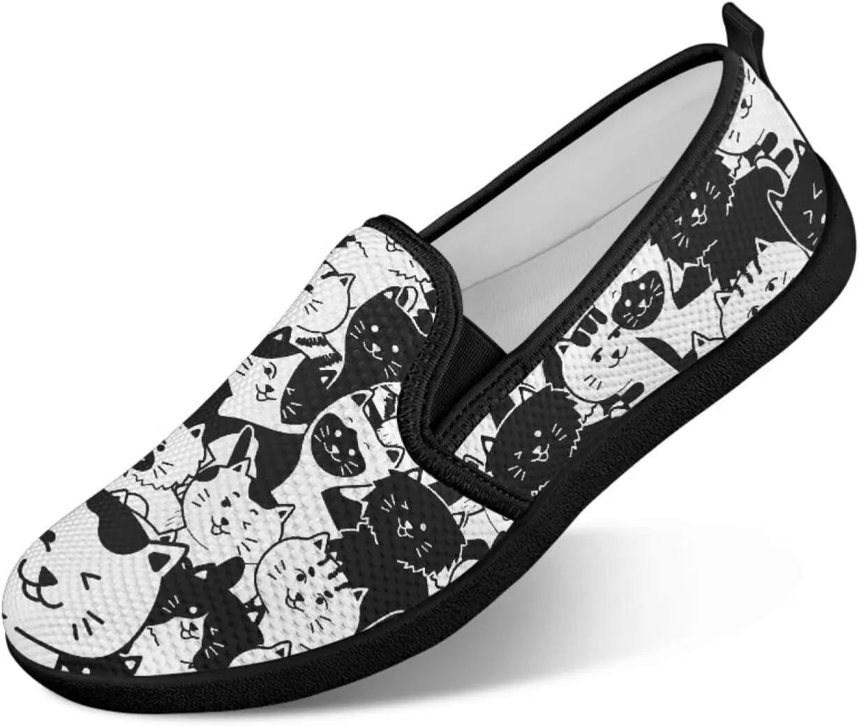 Cat Print Flat Shoes for Women Mesh Slip On Low Top Sneakers Fashion Breathable Casual Loafers for Work