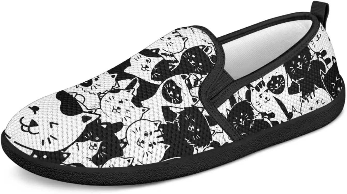 Cat Print Flat Shoes for Women Mesh Slip On Low Top Sneakers Fashion Breathable Casual Loafers for Work