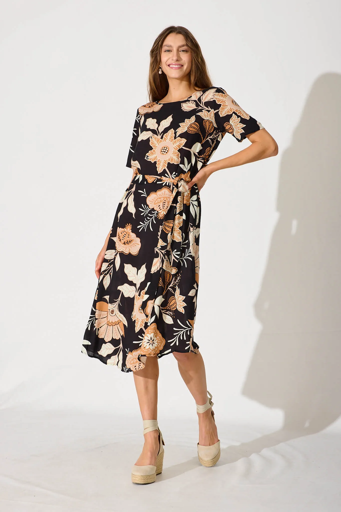 Chambery Midi Dress In Black With Rust Leaf Print