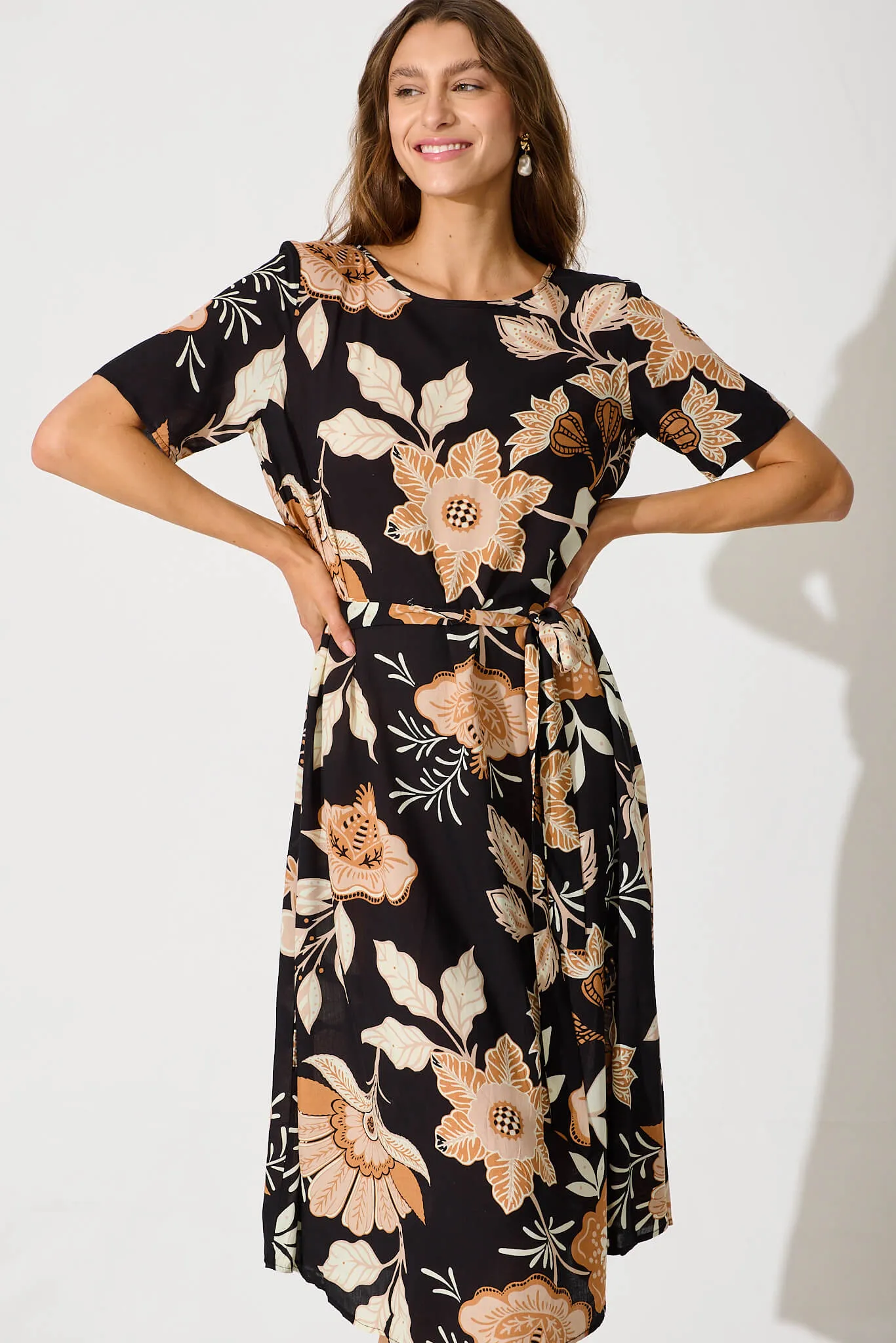 Chambery Midi Dress In Black With Rust Leaf Print
