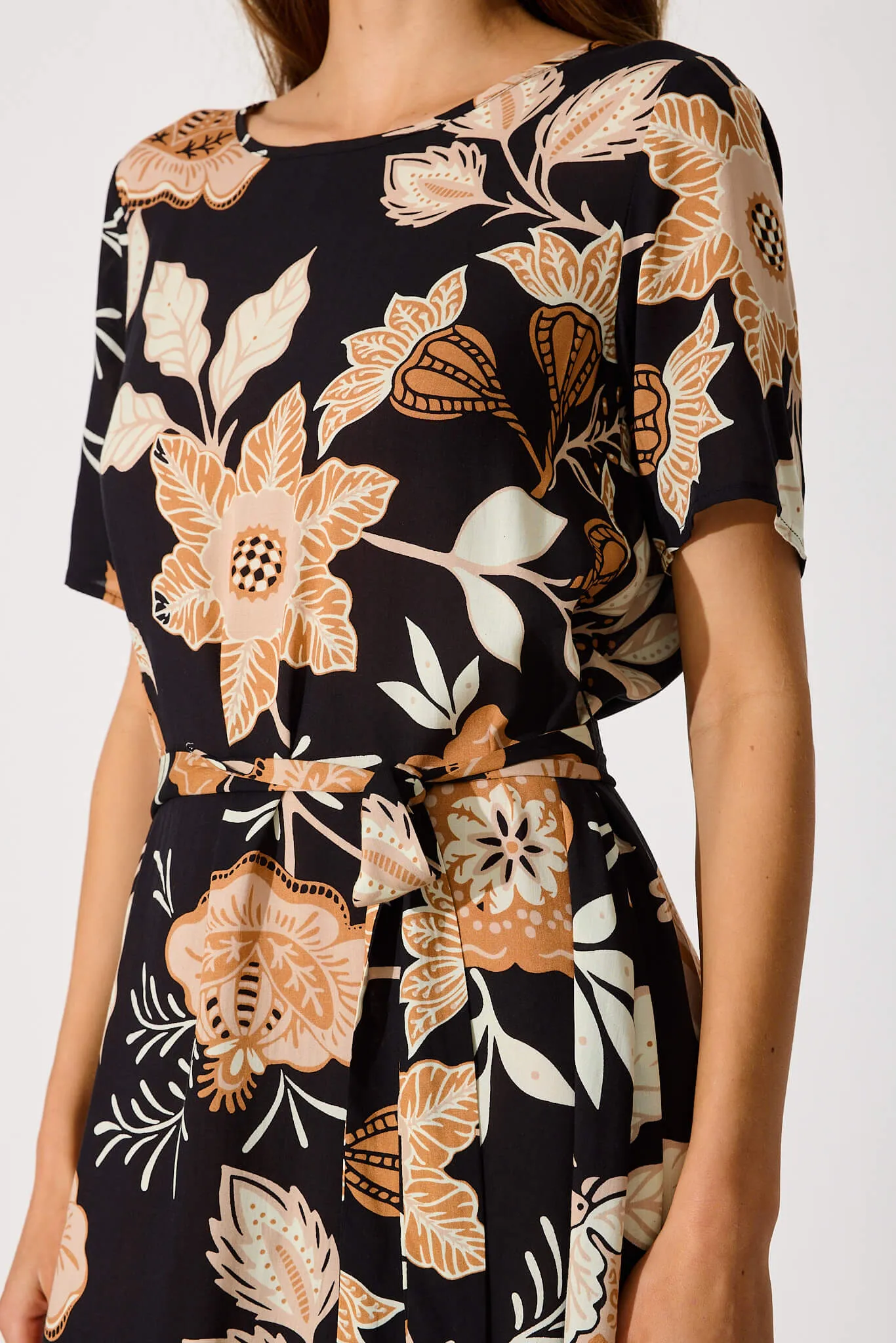 Chambery Midi Dress In Black With Rust Leaf Print