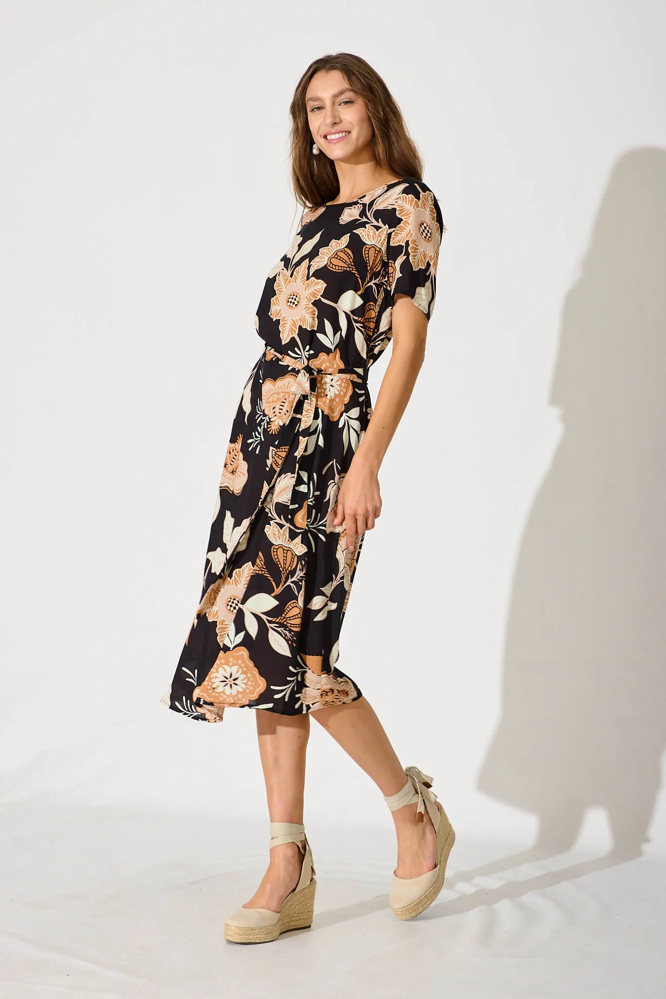 Chambery Midi Dress In Black With Rust Leaf Print
