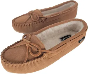 Clarks Women's Suede Bowknot Moccasin Slippers, LB0340 - Fuzzy Indoor/Outdoor Close Back Slip-Ons with Faux Fur Lining & Non-Slip Outsole - Women's Comfy Loafers for Driving Lounging & More, Cognac, 9