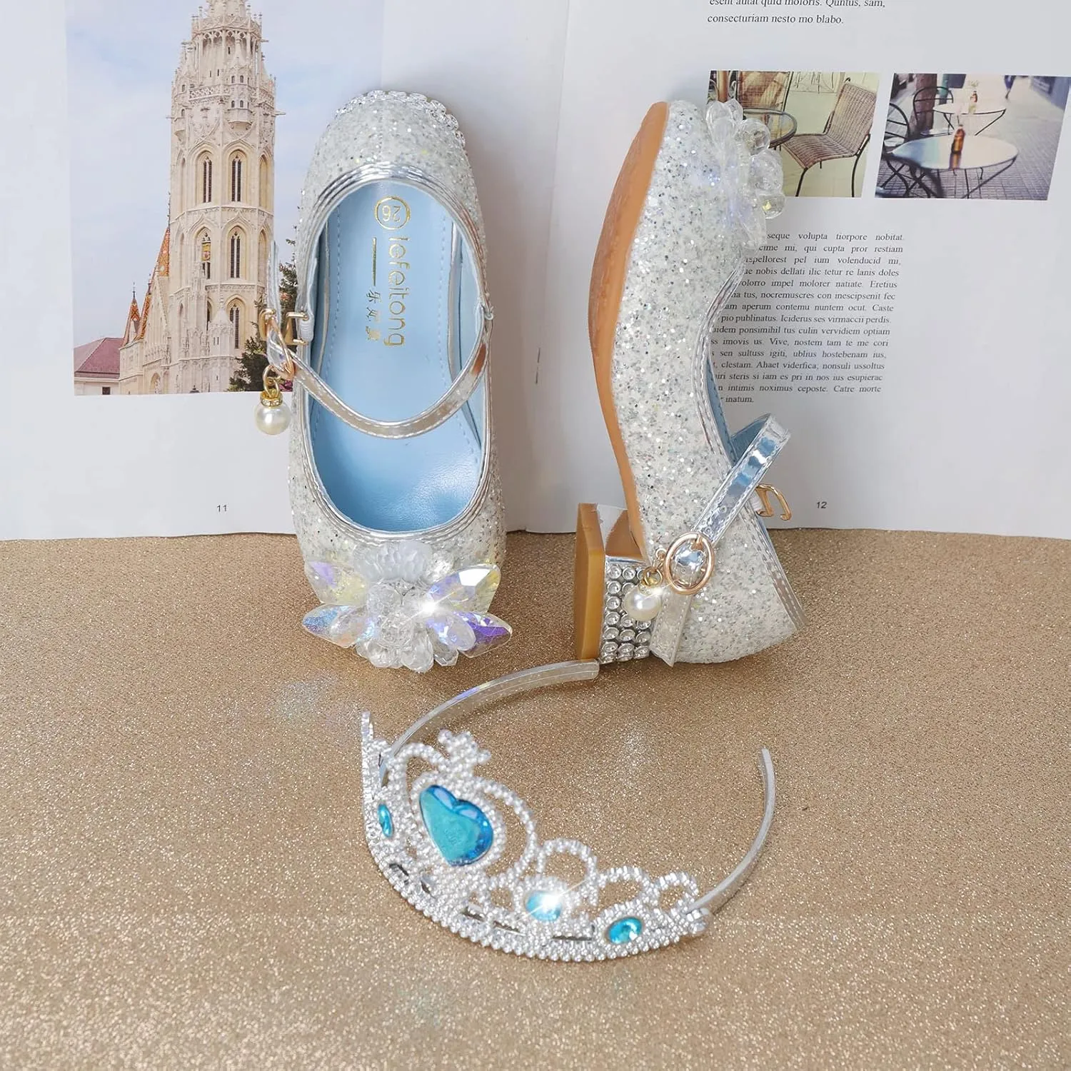 Crystal Low Heels Glitter Princess Sandals for Girls, Kids Rhinestone Ankle Strap Sequins Mary Jane Dress Shoes