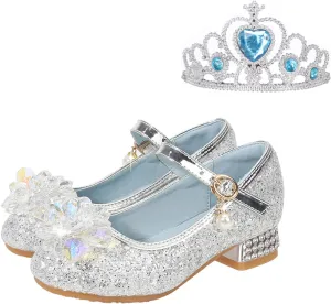 Crystal Low Heels Glitter Princess Sandals for Girls, Kids Rhinestone Ankle Strap Sequins Mary Jane Dress Shoes