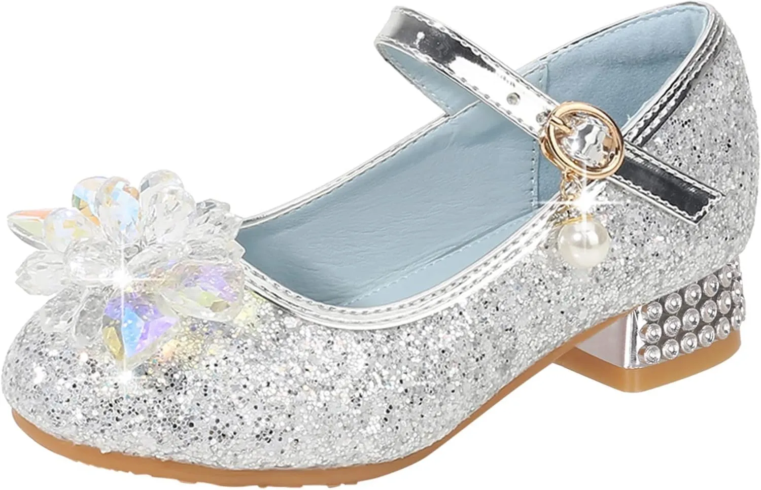 Crystal Low Heels Glitter Princess Sandals for Girls, Kids Rhinestone Ankle Strap Sequins Mary Jane Dress Shoes