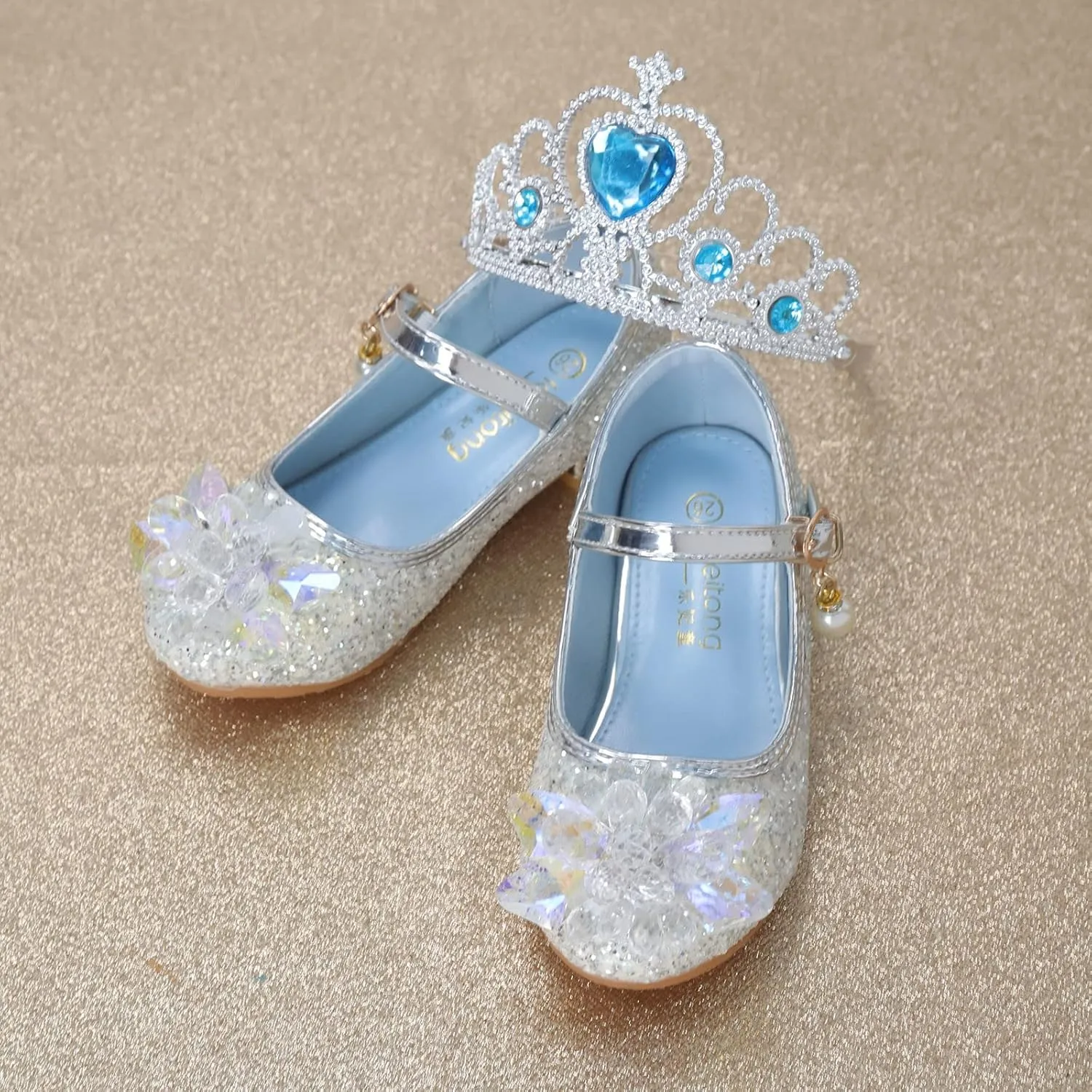 Crystal Low Heels Glitter Princess Sandals for Girls, Kids Rhinestone Ankle Strap Sequins Mary Jane Dress Shoes
