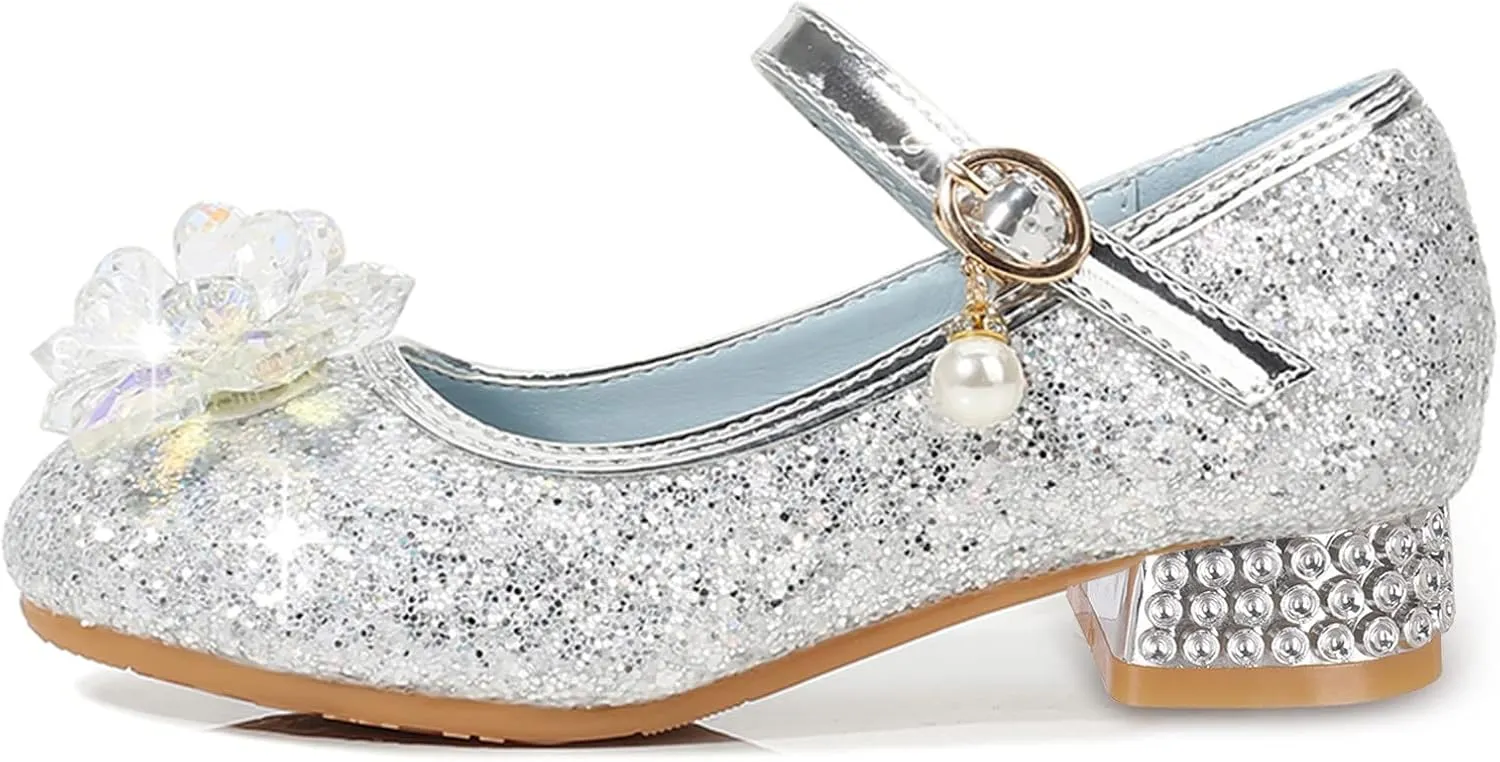 Crystal Low Heels Glitter Princess Sandals for Girls, Kids Rhinestone Ankle Strap Sequins Mary Jane Dress Shoes