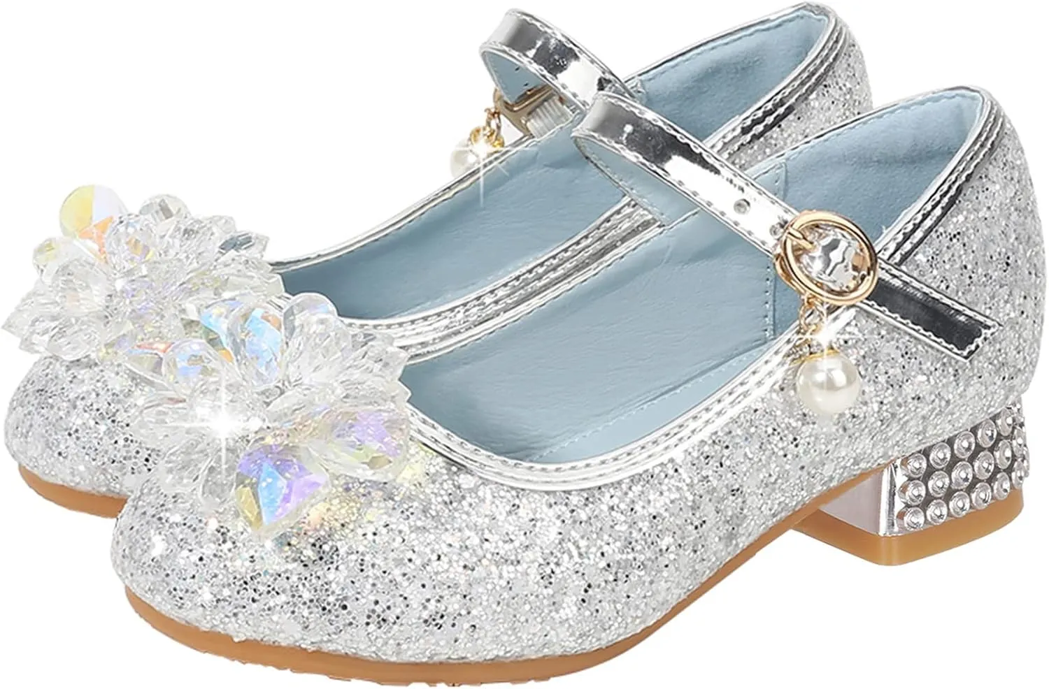Crystal Low Heels Glitter Princess Sandals for Girls, Kids Rhinestone Ankle Strap Sequins Mary Jane Dress Shoes