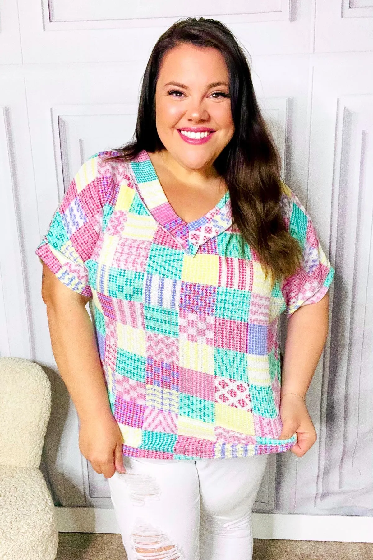 Easy Living Patchwork Print V Neck Top