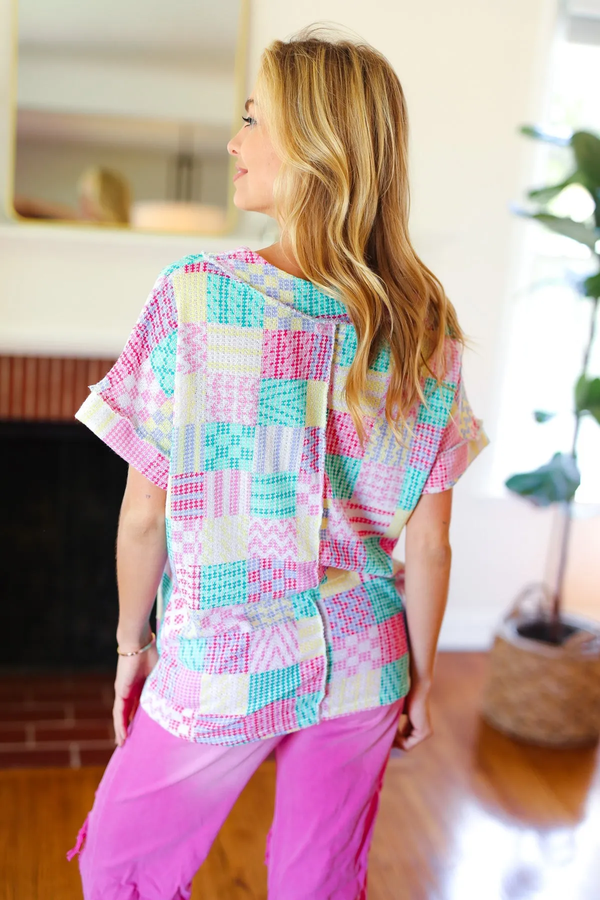 Easy Living Patchwork Print V Neck Top