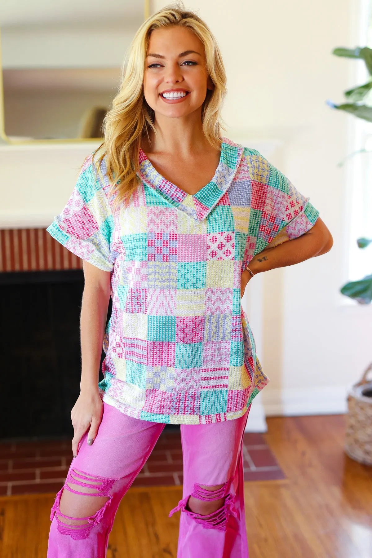 Easy Living Patchwork Print V Neck Top