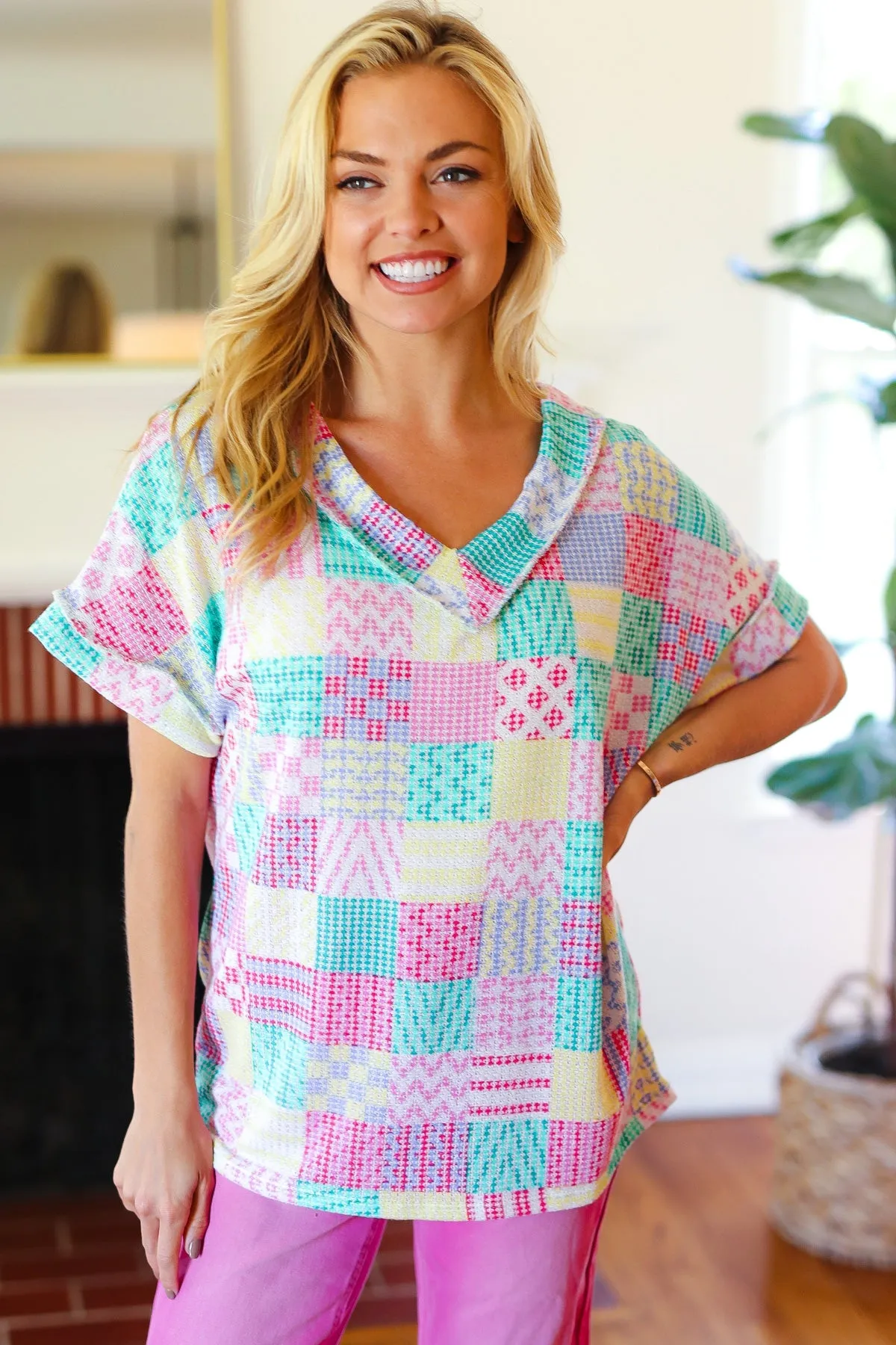 Easy Living Patchwork Print V Neck Top