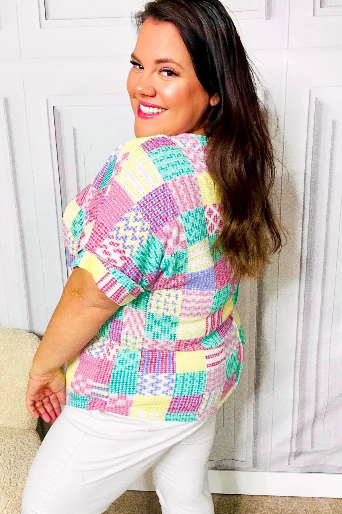 Easy Living Patchwork Print V Neck Top