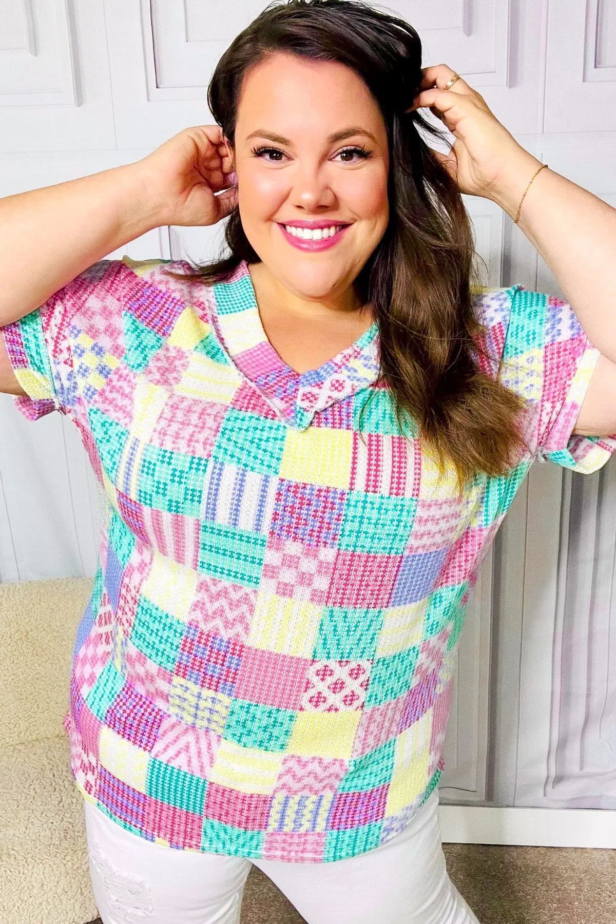 Easy Living Patchwork Print V Neck Top