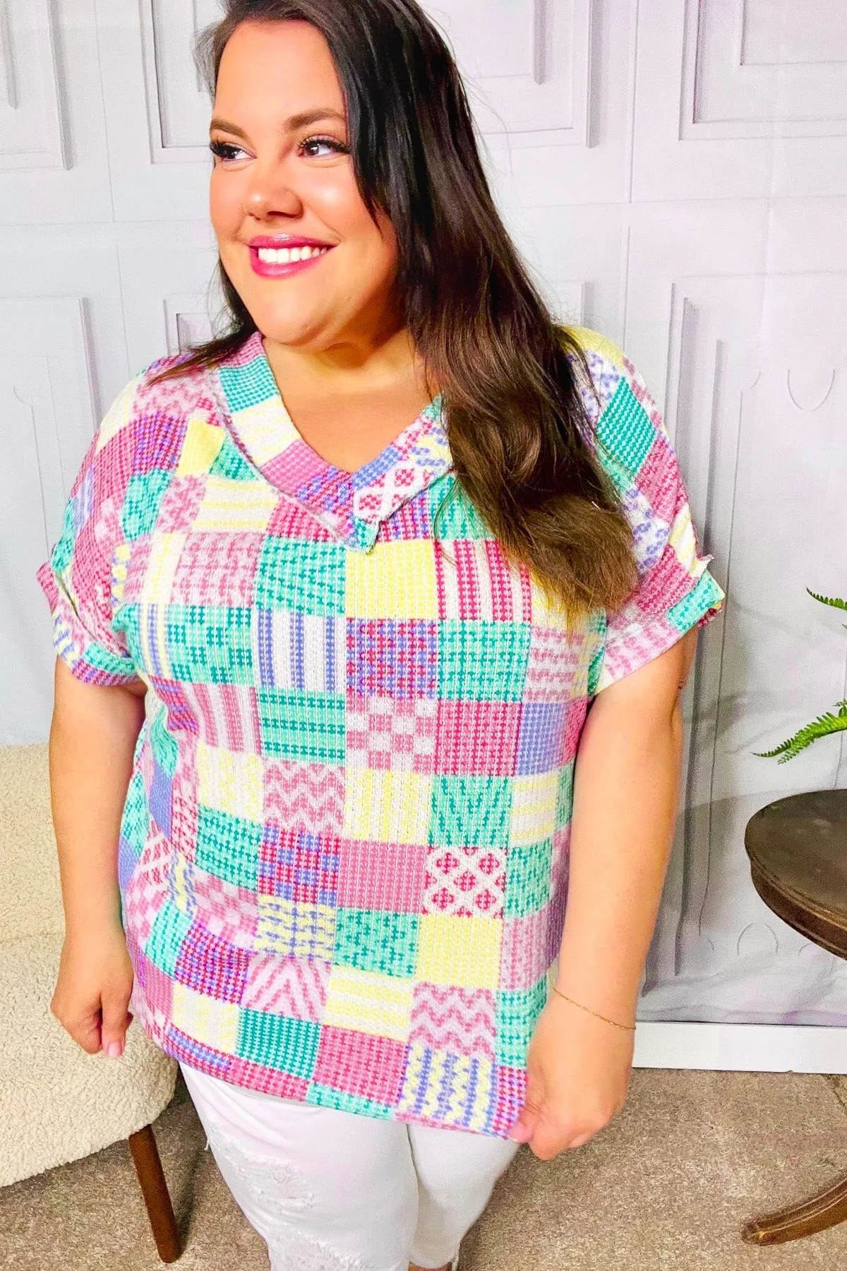 Easy Living Patchwork Print V Neck Top