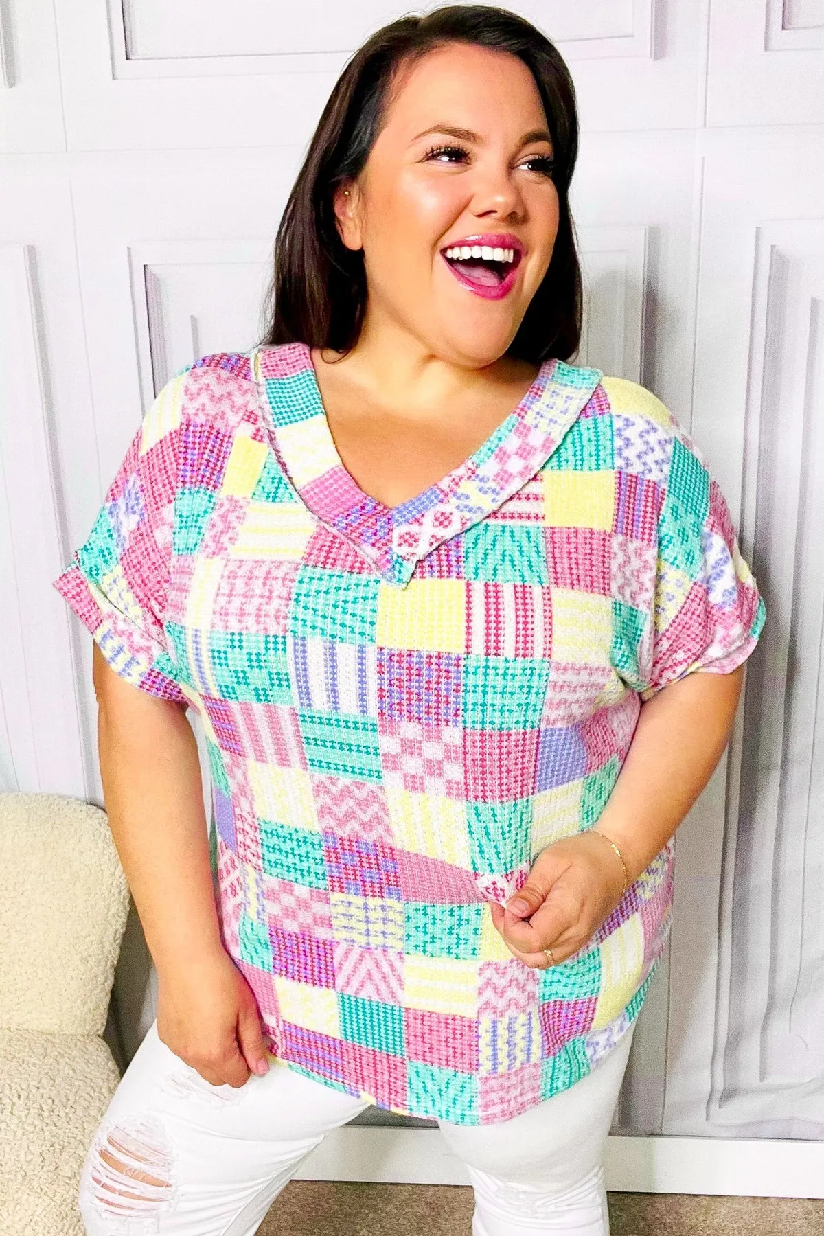 Easy Living Patchwork Print V Neck Top
