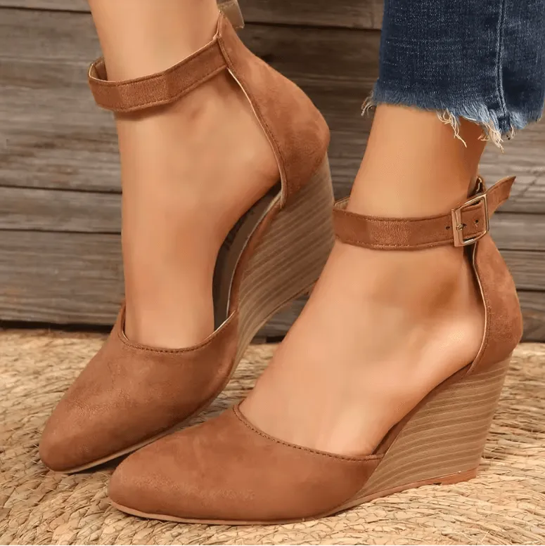 Fashionable Women’s High Heel Sandals - Closed Toe Suede Pointed Wedge