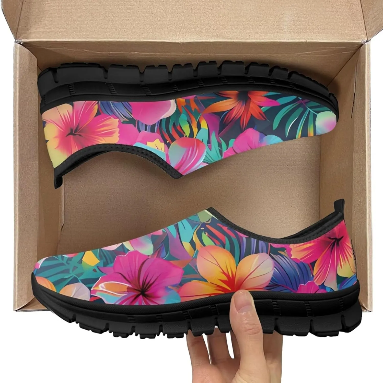 Flowers Print Mesh Shoes for Women Breathable Non-Slip Casual Loafers Fashion Running Hikking Sneaker for Outdoor