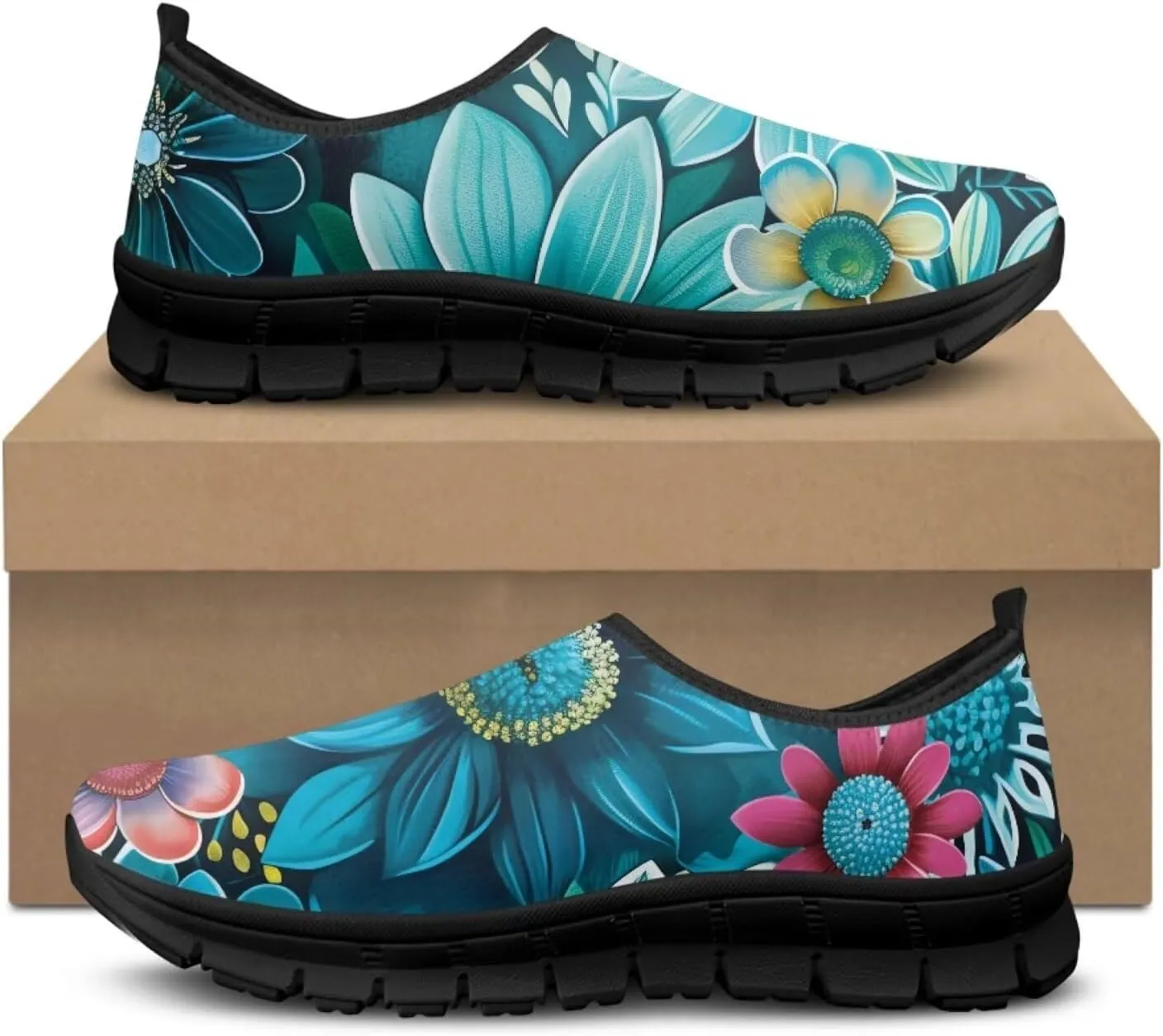 Flowers Print Mesh Shoes for Women Breathable Non-Slip Casual Loafers Fashion Running Hikking Sneaker for Outdoor