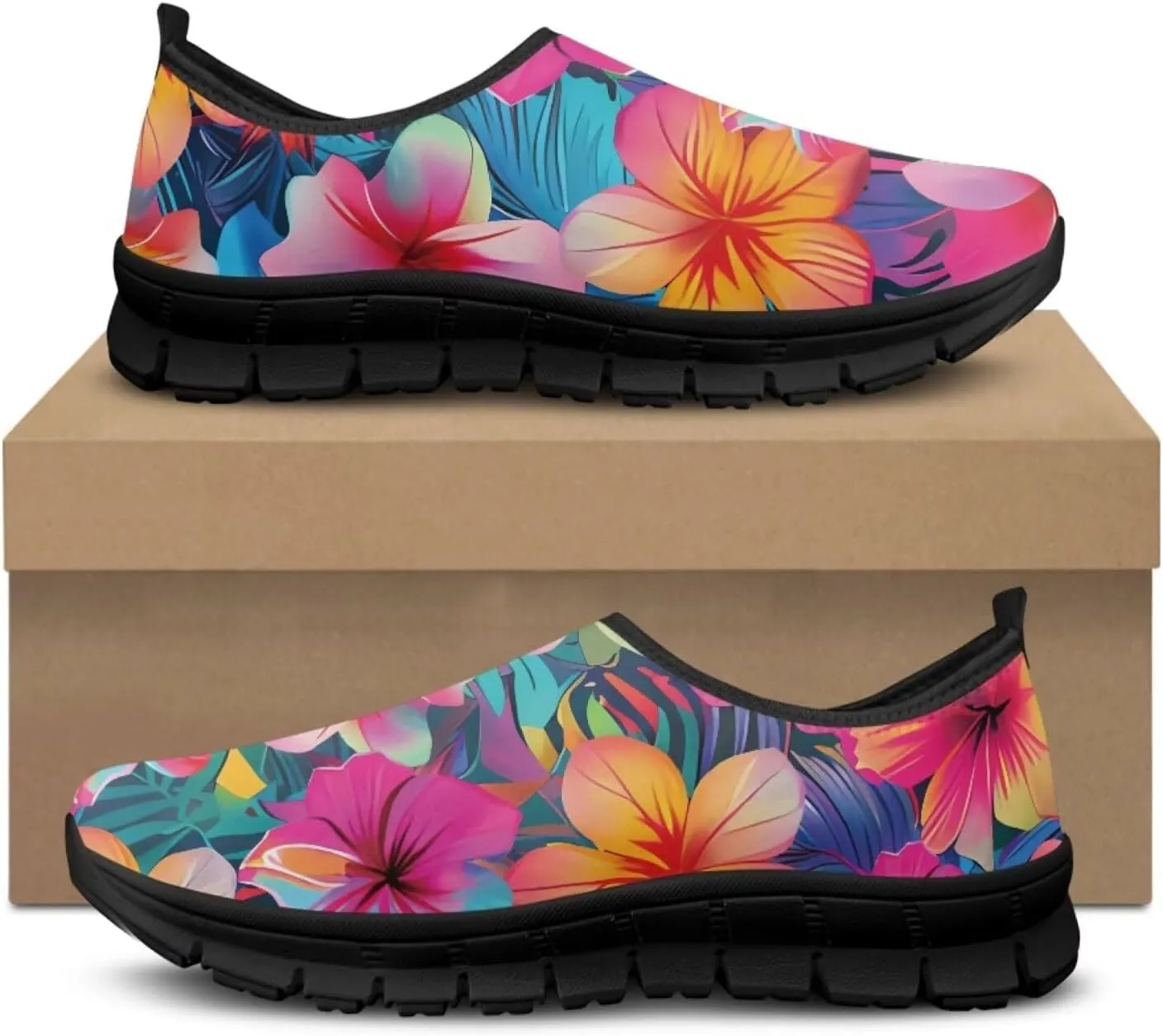 Flowers Print Mesh Shoes for Women Breathable Non-Slip Casual Loafers Fashion Running Hikking Sneaker for Outdoor