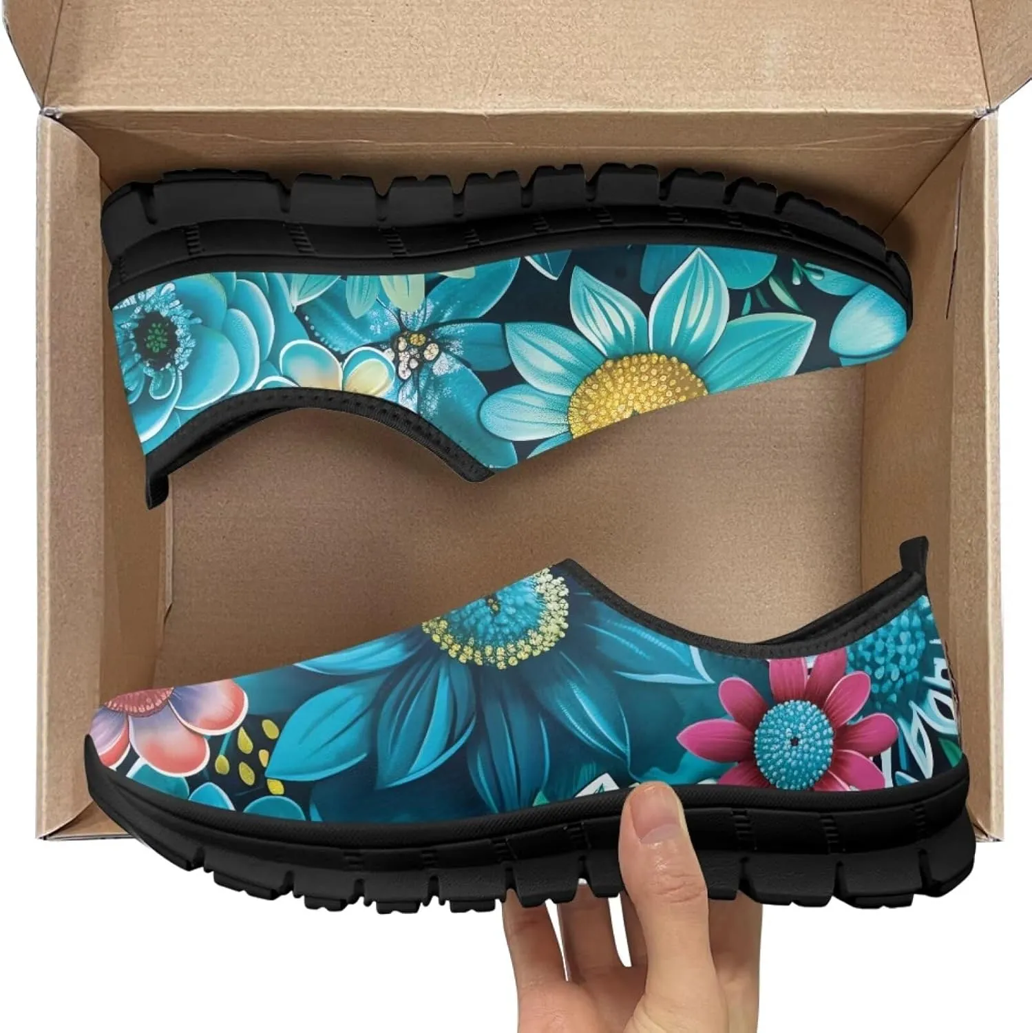 Flowers Print Mesh Shoes for Women Breathable Non-Slip Casual Loafers Fashion Running Hikking Sneaker for Outdoor