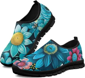 Flowers Print Mesh Shoes for Women Breathable Non-Slip Casual Loafers Fashion Running Hikking Sneaker for Outdoor