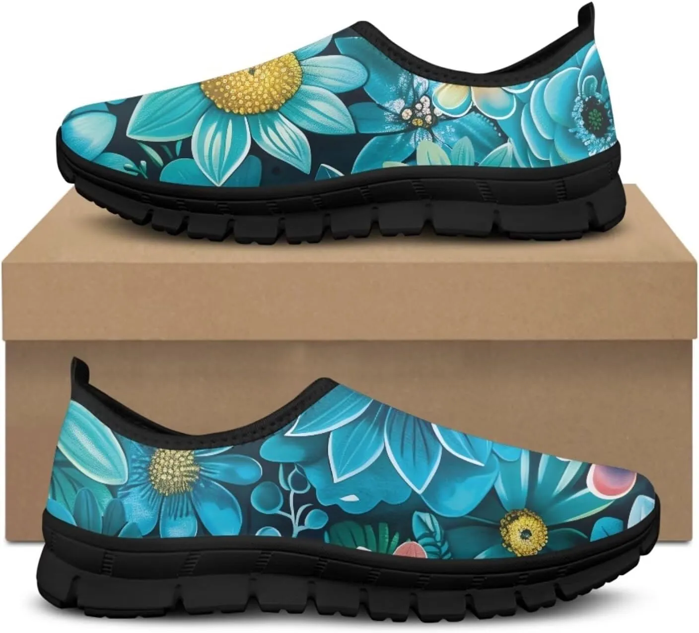 Flowers Print Mesh Shoes for Women Breathable Non-Slip Casual Loafers Fashion Running Hikking Sneaker for Outdoor