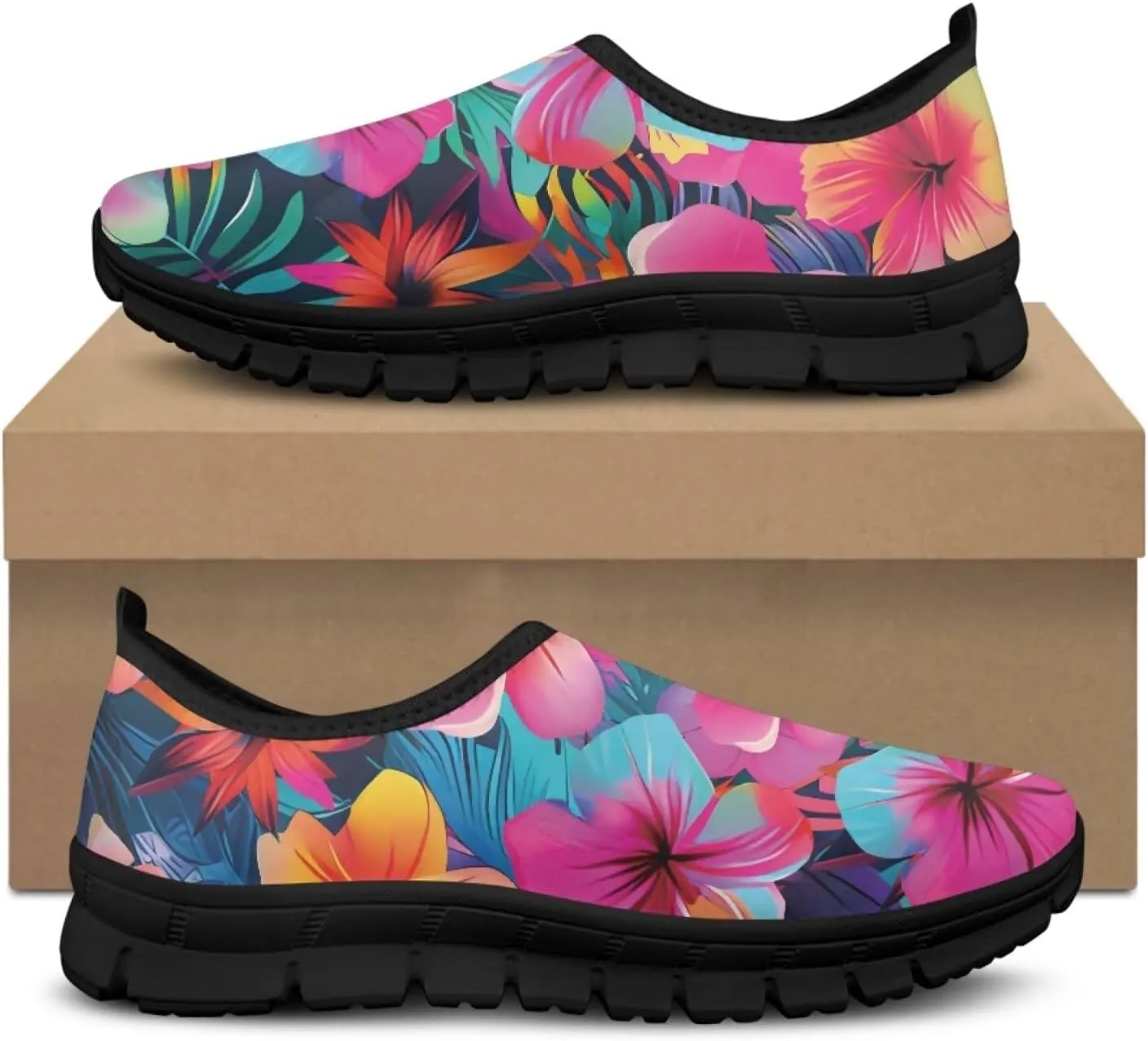 Flowers Print Mesh Shoes for Women Breathable Non-Slip Casual Loafers Fashion Running Hikking Sneaker for Outdoor