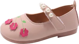 Girls Mary Jane Dress Shoes Ballet Pumps Flower Pearl Strap Dance Sandals Closed Toe Flats for Kids Wedding Party