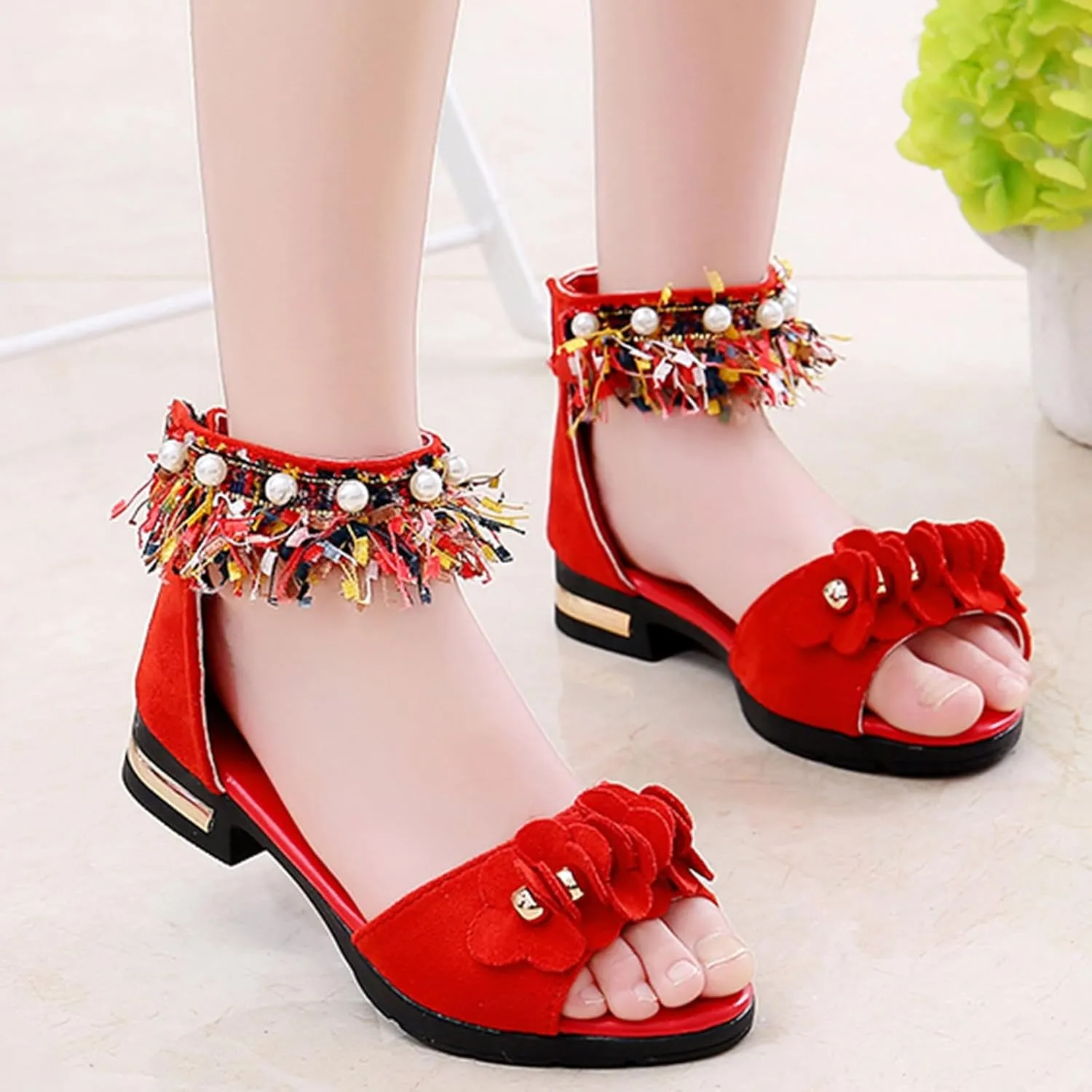 Girls Shoes Toddler Little Kid Bohemian Sandals For Girls Children Shoes Thick High Heeled Sandals Fashionable Small High Heeled Flower Pearl Double Slip On Slide