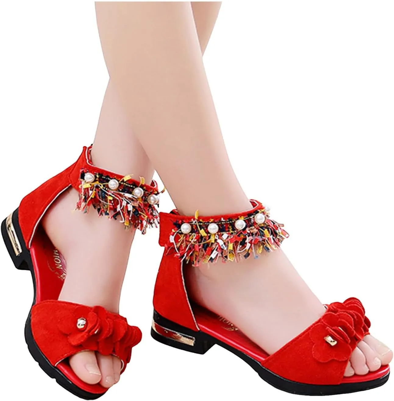 Girls Shoes Toddler Little Kid Bohemian Sandals For Girls Children Shoes Thick High Heeled Sandals Fashionable Small High Heeled Flower Pearl Double Slip On Slide