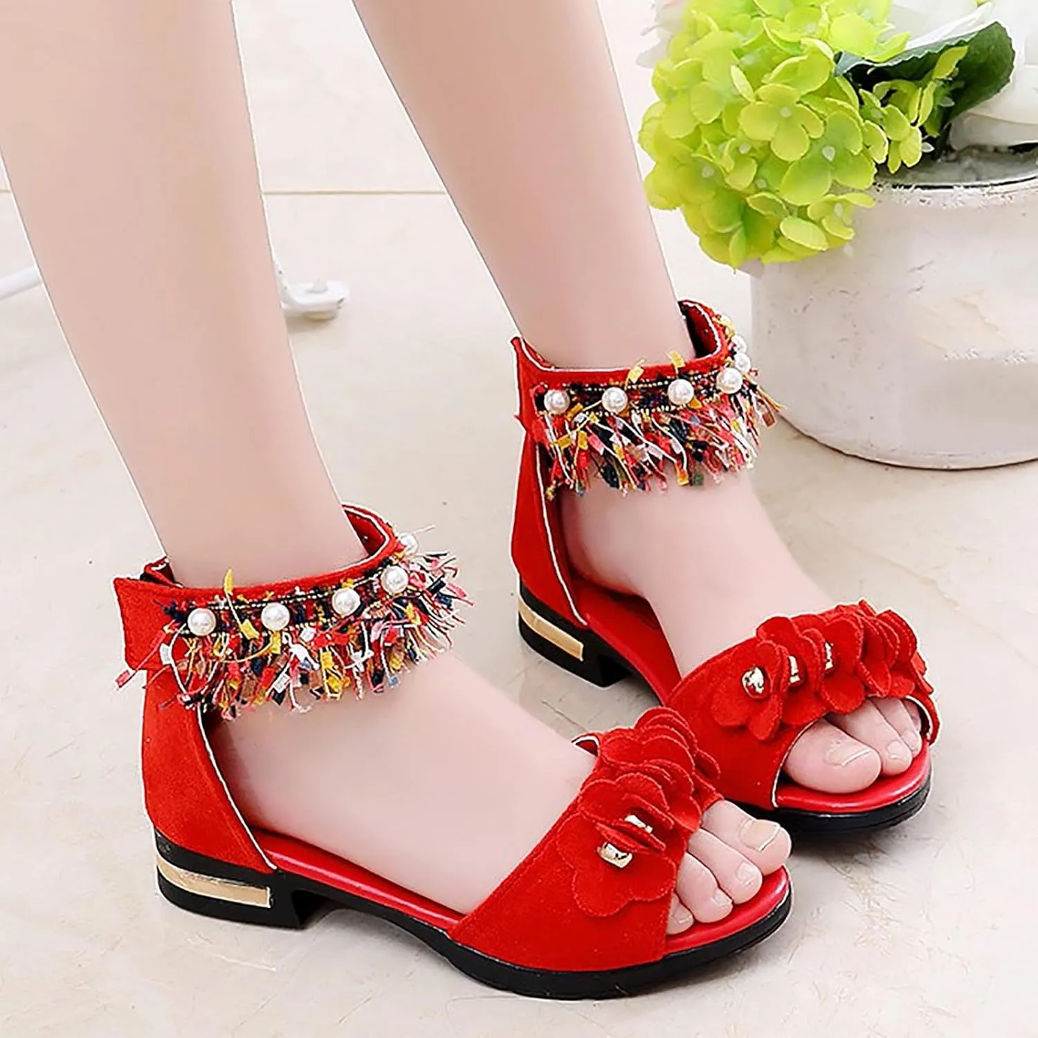 Girls Shoes Toddler Little Kid Bohemian Sandals For Girls Children Shoes Thick High Heeled Sandals Fashionable Small High Heeled Flower Pearl Double Slip On Slide