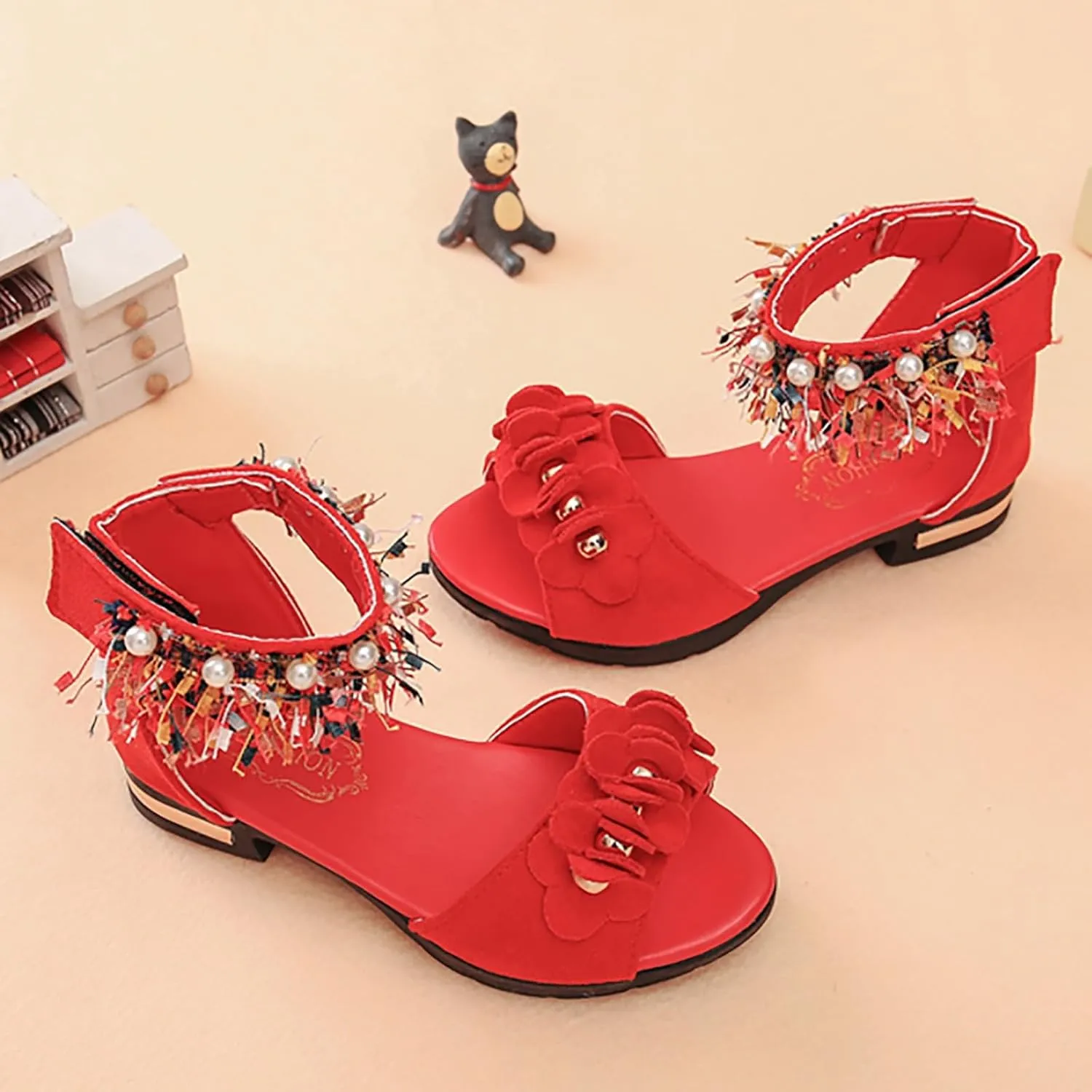 Girls Shoes Toddler Little Kid Bohemian Sandals For Girls Children Shoes Thick High Heeled Sandals Fashionable Small High Heeled Flower Pearl Double Slip On Slide