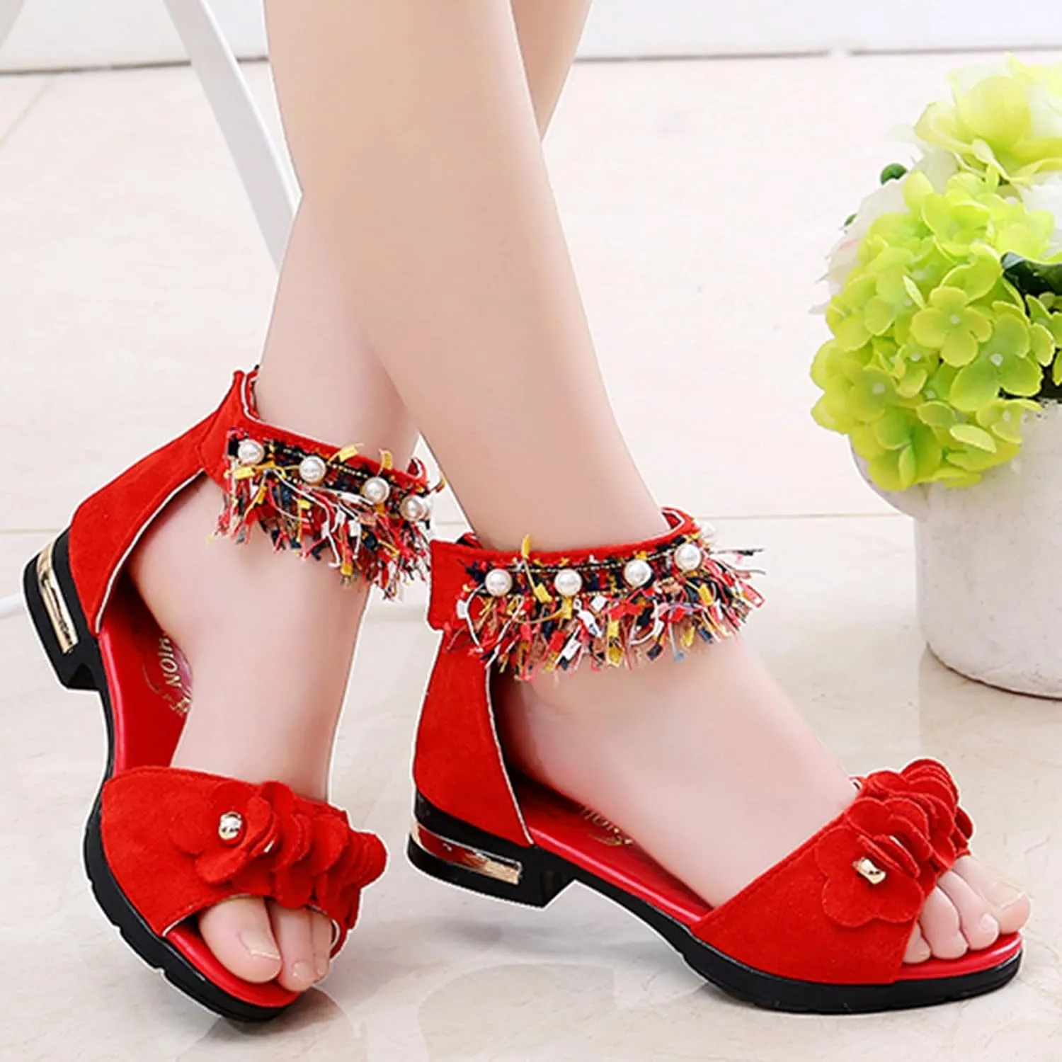 Girls Shoes Toddler Little Kid Bohemian Sandals For Girls Children Shoes Thick High Heeled Sandals Fashionable Small High Heeled Flower Pearl Double Slip On Slide