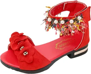 Girls Shoes Toddler Little Kid Bohemian Sandals For Girls Children Shoes Thick High Heeled Sandals Fashionable Small High Heeled Flower Pearl Double Slip On Slide
