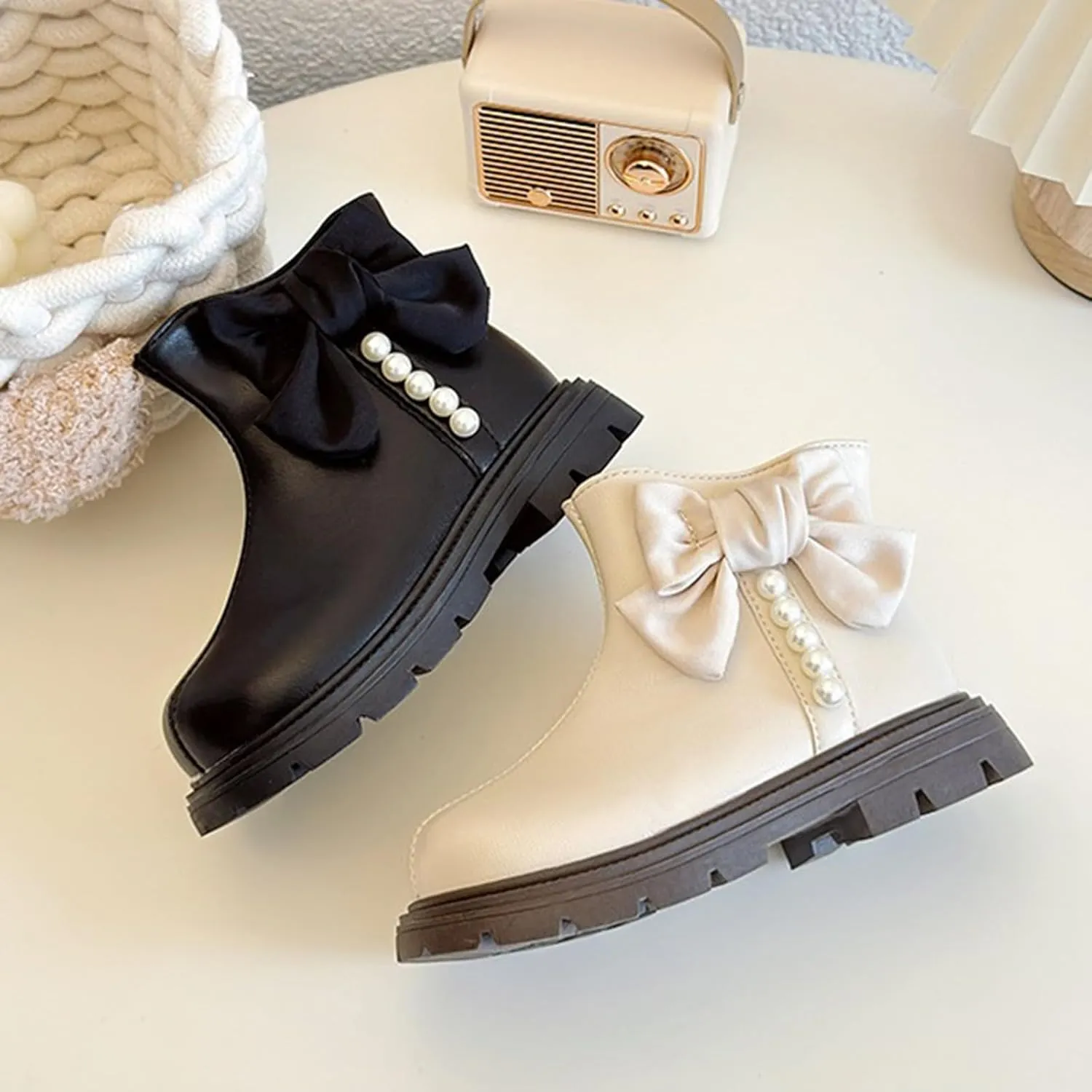 Kids Girls Pearl Bowknot Dress Boots Soft Sole Anti Slip Fashion Cute Birthday Wedding Shoes Booths for Kids