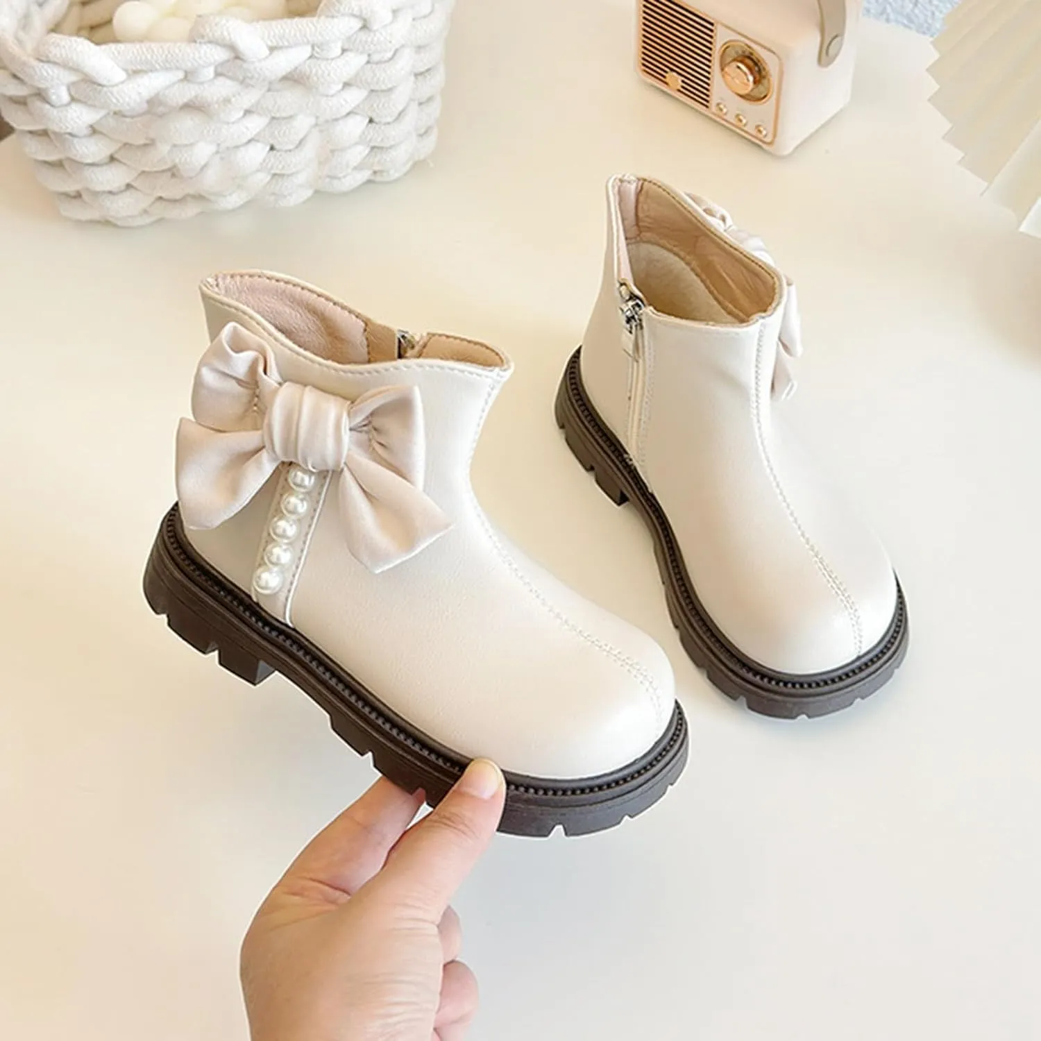 Kids Girls Pearl Bowknot Dress Boots Soft Sole Anti Slip Fashion Cute Birthday Wedding Shoes Booths for Kids