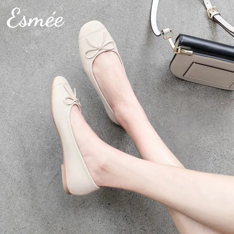 Leather Ballet Flats with Bow Knot