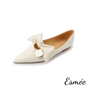 Leather Flats with Big Bow Knot and Pin Buckle Design